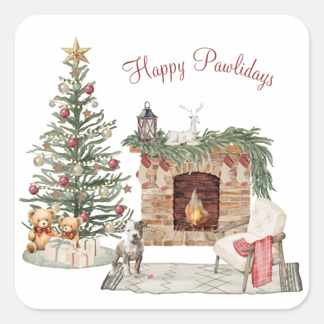 Adesivo Quadrado Happy Pawlidays Dog Design - Staffordshire Terrier (Frente)