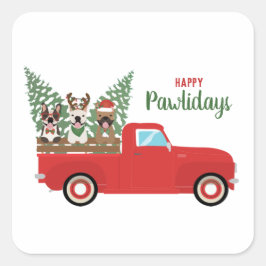Adesivo Quadrado Happy Pawlidays French Bulldogs Red Pickup Truck