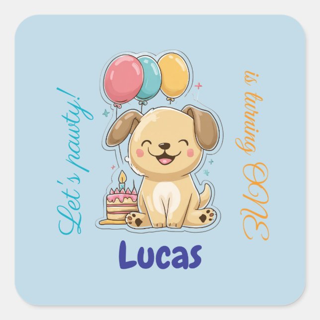 Adesivo Quadrado Happy Puppy, Boy, Let's Pawty, 1st Birthday  (Frente)