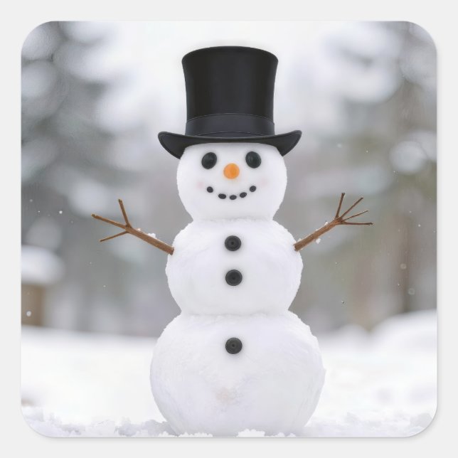 Adesivo Quadrado Happy Snowman Wearing a Top Hat (Frente)
