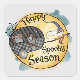 Adesivo Quadrado Happy Spooky Season Witch Camper Van