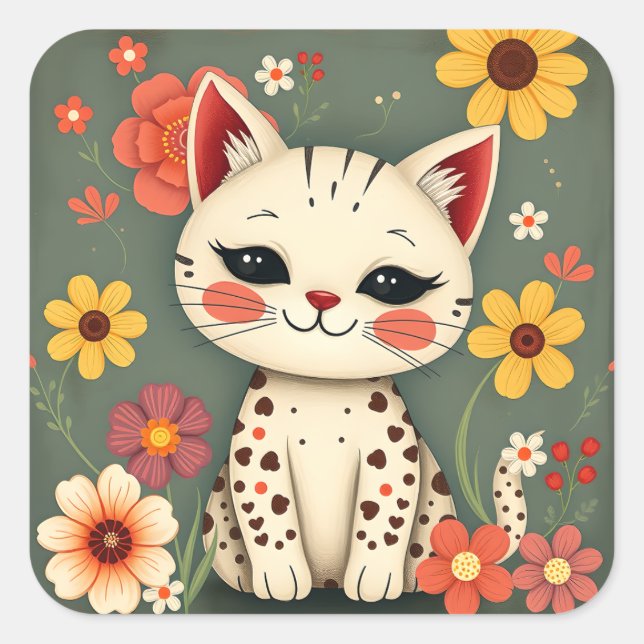 Adesivo Quadrado Happy Spotted Kitty with Flowers (Frente)