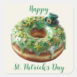 Adesivo Quadrado Happy St. Patrick’s Day Donut with Leprechaun Hat