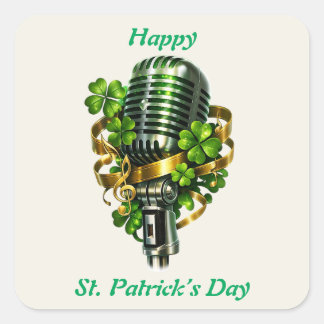 Adesivo Quadrado Happy St. Patrick’s Day Shamrock & Microphone