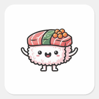 Adesivo Quadrado Happy Sushi Slice – Cute Kawaii Illustration