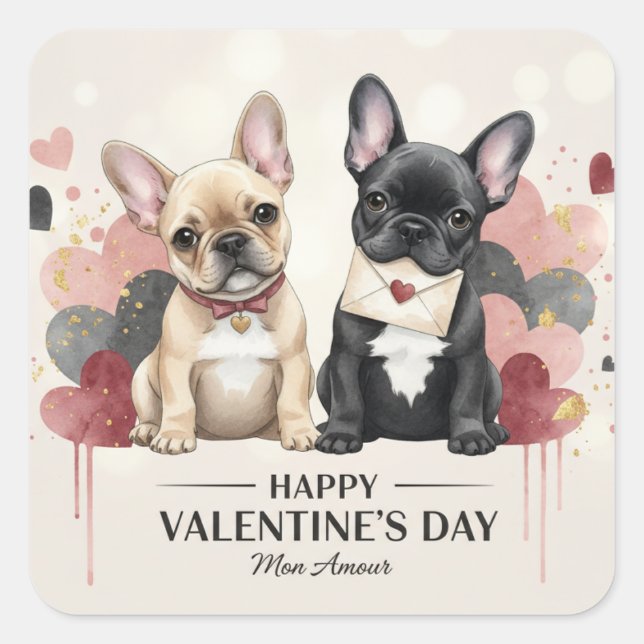 Adesivo Quadrado Happy Valentine’s Day French Bulldog Sticker (Frente)