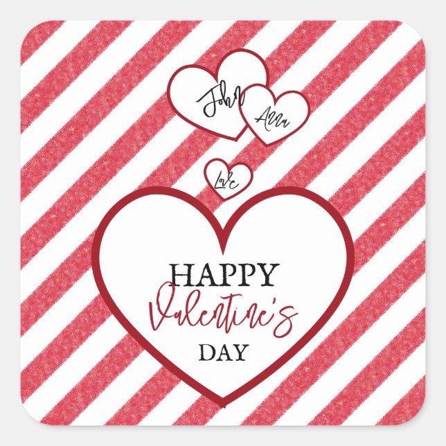 Adesivo Quadrado Happy Valentine's Day Red Hearts Chalk Stripes (Frente)