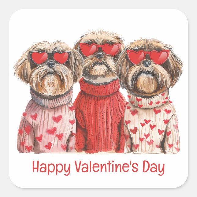 Adesivo Quadrado Happy Valentines Day Shih Tzu Dogs (Frente)