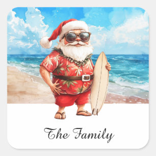 Adesivo Quadrado Hawaii PAPAI NOEL  com prancha de surf na praia 