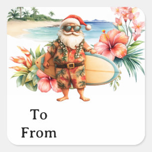 Adesivo Quadrado Hawaii PAPAI NOEL com prancha de surfe na praia