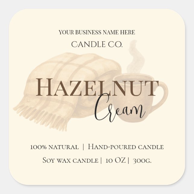 Adesivo Quadrado Hazelnut Cream | Cozy Neutral Soy Candle Label (Frente)