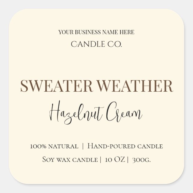 Adesivo Quadrado Hazelnut Cream | Cozy Neutral Soy Candle Label (Frente)