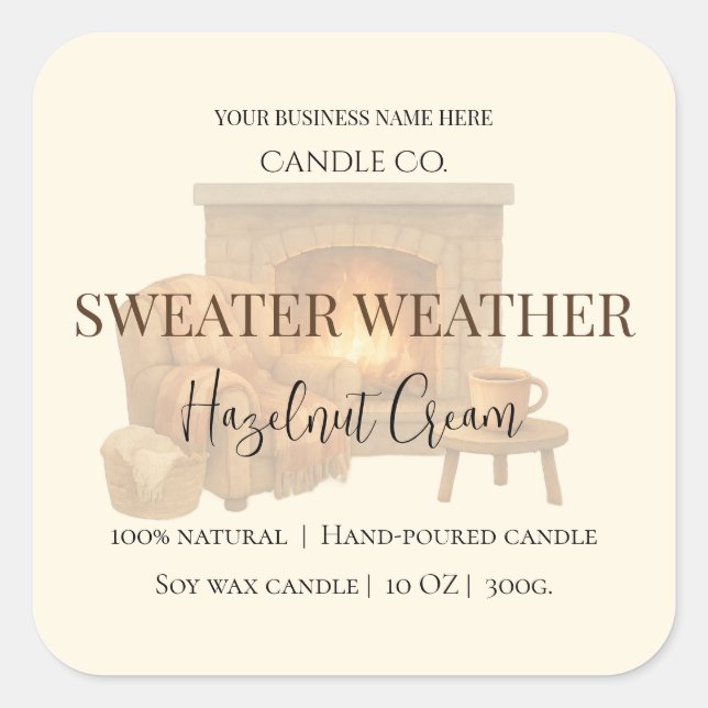 Adesivo Quadrado Hazelnut Cream | Cozy Neutral Soy Candle Label (Frente)