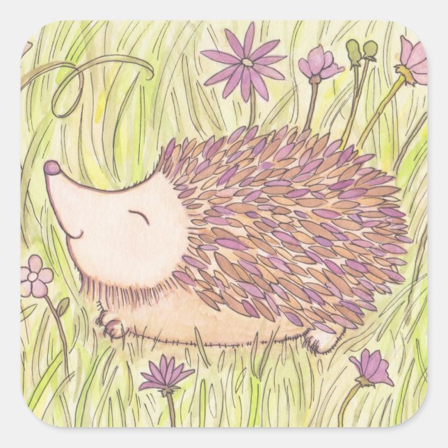 Adesivo Quadrado Hedgehog Feliz em Springtime (Frente)