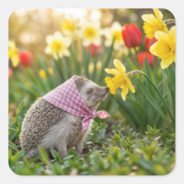 Adesivo Quadrado Hedgehog Sniffing a Yellow Daffodil