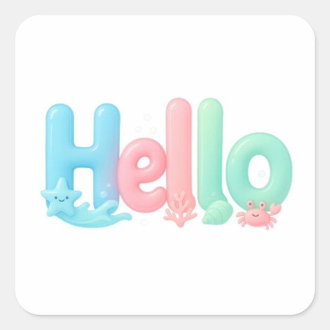 Adesivo Quadrado Hello Glossy Pastel Ocean Text (Frente)