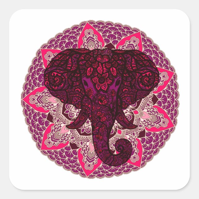 Adesivo Quadrado Henna Elephant Head Mandala Rosa Mehndi Tattoo (Frente)