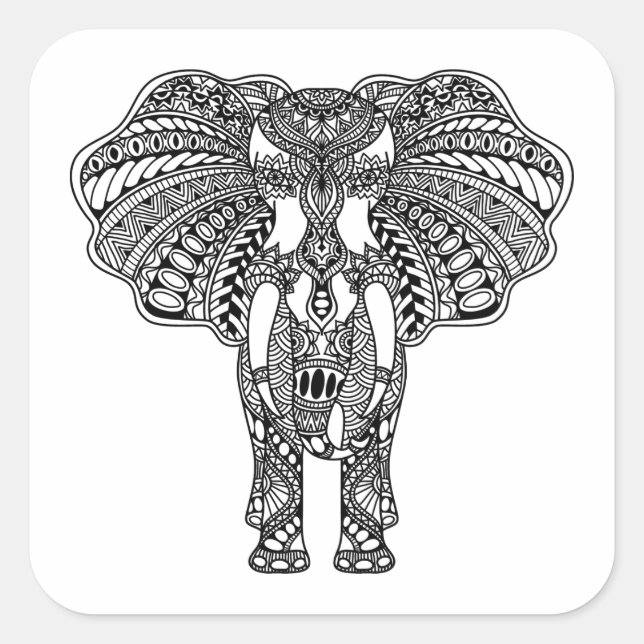 Adesivo Quadrado Henna Mehndi Decorou o Elefante Indiano (Frente)