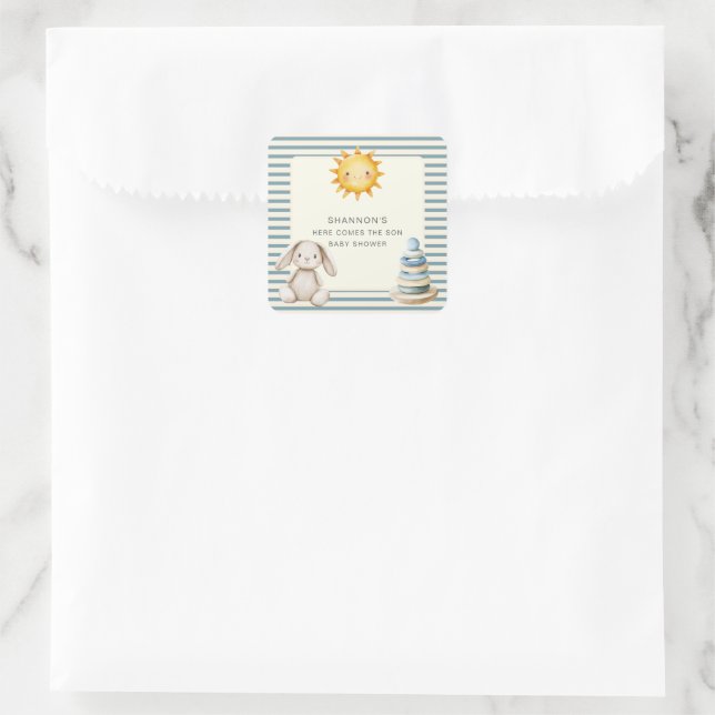 Adesivo Quadrado Here Comes the Son Baby Shower Blue Stripe (Bolsa)