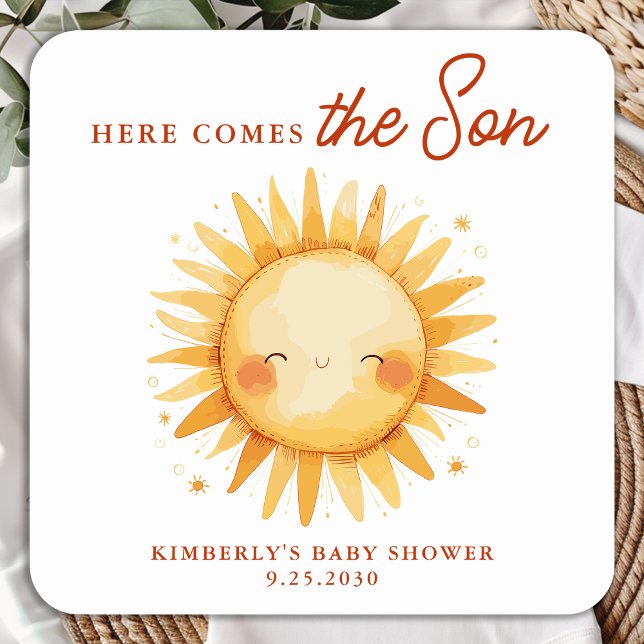 Adesivo Quadrado Here Comes The Son Boho Sunshine Cute Baby Shower (Criador carregado)