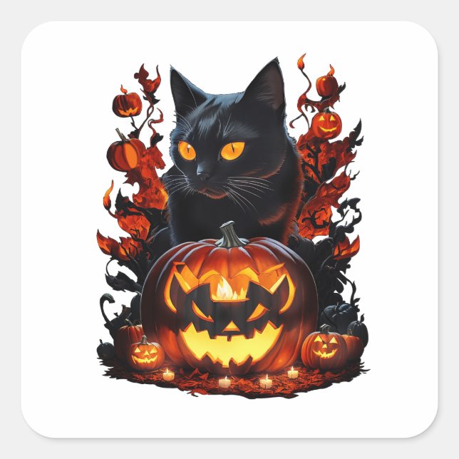 Adesivo Quadrado Hex, a camiseta do gato preto de Halloween (Frente)