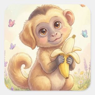 Adesivo Quadrado Híbrido de Macaco e Cachorrinho Fofo