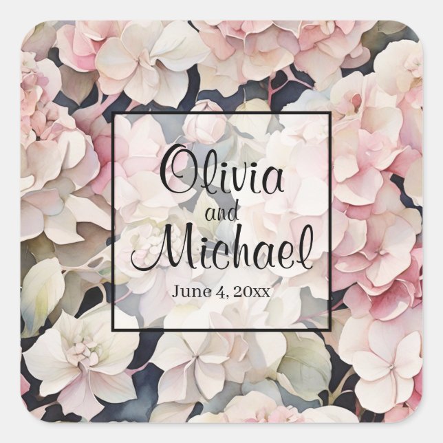 Adesivo Quadrado Hídrangas florais de cor-de-água rosa Elegante (Frente)