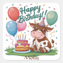 Adesivo Quadrado Highland Cow Happy Birday