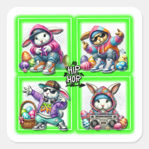 Adesivo Quadrado Hip Hop Easter Bunny Buddies, Música, Neon Green