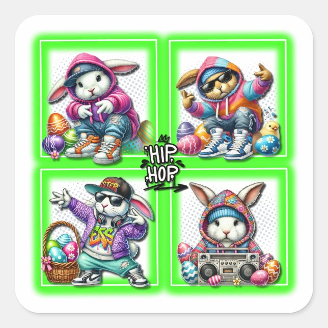 Adesivo Quadrado Hip Hop Easter Bunny Buddies, Música, Neon Green | (Frente)