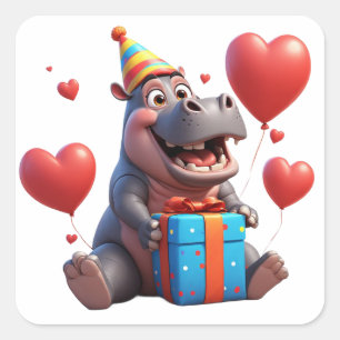 Adesivo Quadrado Hipopótamo Feliz Com Balões E Presente 🎂