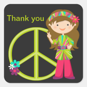 Adesivo Quadrado Hippie Girl with Peace Sign Girls Sticker