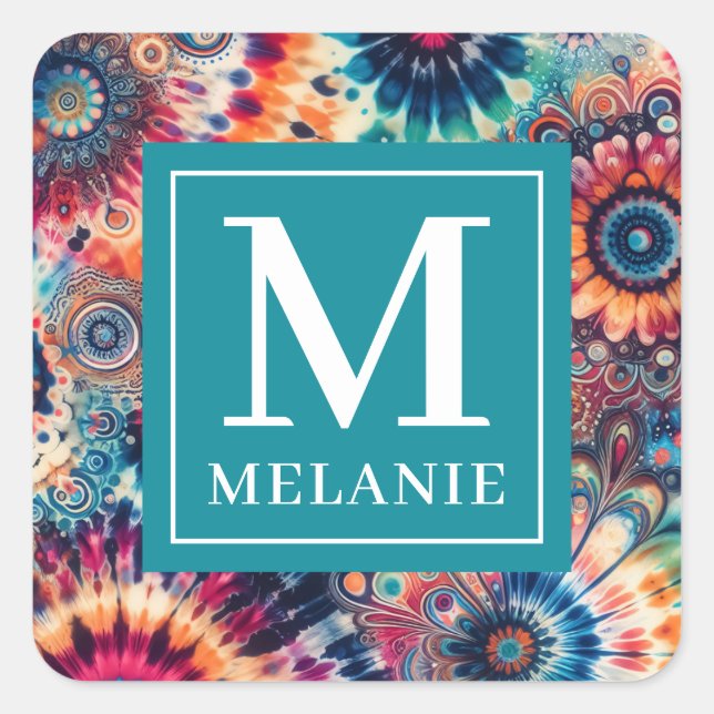 Adesivo Quadrado Hippie Retro Tie-Dye Monograma (Frente)