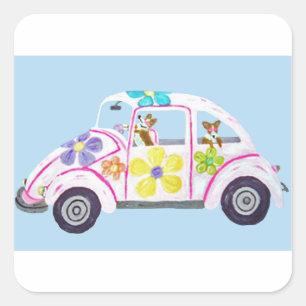 Adesivo Quadrado Hippie Welsh Corgis no seu Carro do Amor de Filhos