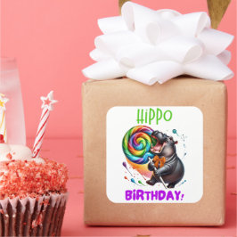Adesivo Quadrado Hippo Birthday Cheerful, Colorida Nadadora |
