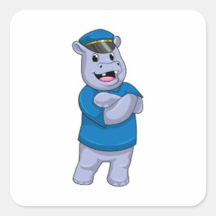 Adesivo Quadrado Hippo como agente da polícia com chapéu da polícia