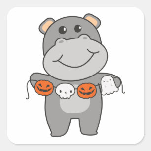 Adesivo Quadrado Hippo Happy Halloween Pumpkin Bat Costume Square S