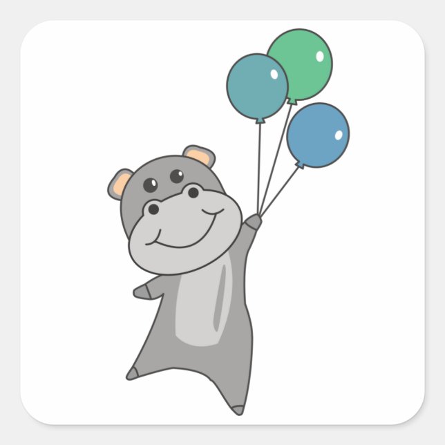 Adesivo Quadrado Hippo Voa Com Balões Animais Doce Para (Frente)