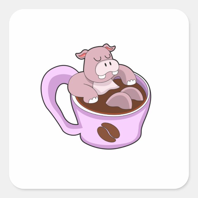 Adesivo Quadrado Hippo with Cup of Coffee (Frente)