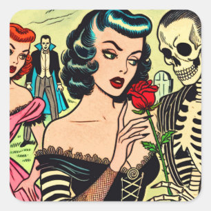 Adesivo Quadrado Histórias em quadrinhos de horror da bruxa-retrô