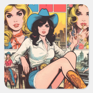 Adesivo Quadrado Histórias em quadrinhos Vintage Cowgirl