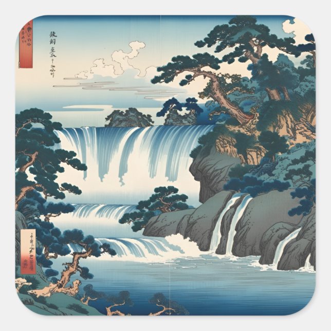 Adesivo Quadrado Hokusai Ukiyo-e Japan Waterfall Blue (Frente)