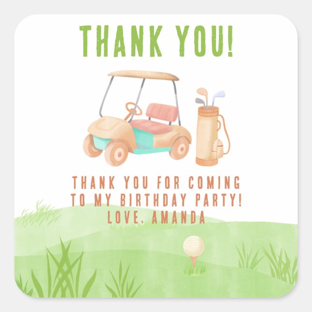 Adesivo Quadrado Hole In One Golf First Birthday Thank you (Frente)