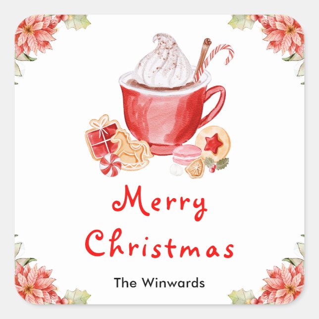 Adesivo Quadrado Holiday Cookies and Cocoa Red Merry Christmas (Frente)