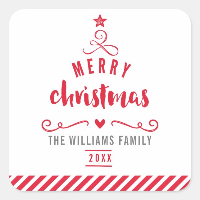 Adesivo Quadrado HOLIDAY SEAL, árvore de natal alegre, vermelho fes (Frente)