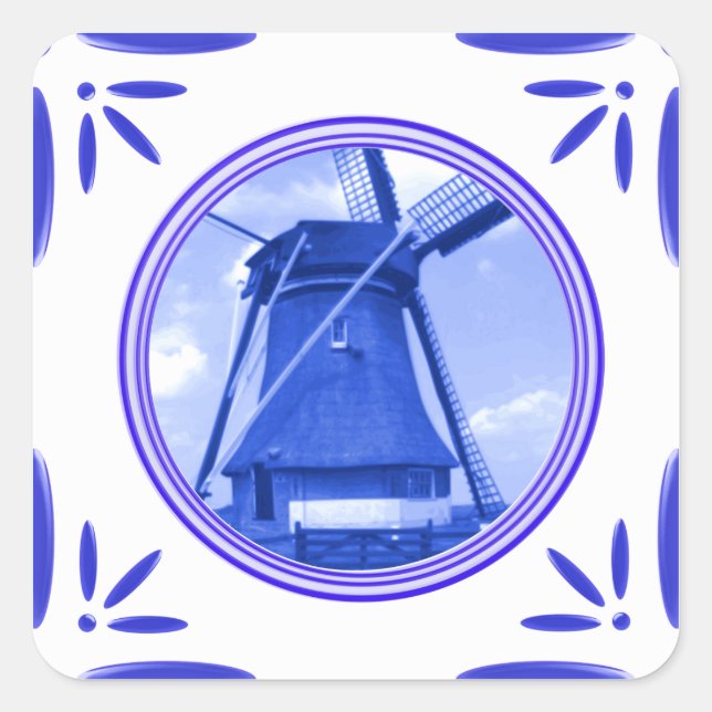 Adesivo Quadrado Holland Windmill Delft-Blue-Azulejo-Look Impresso (Frente)