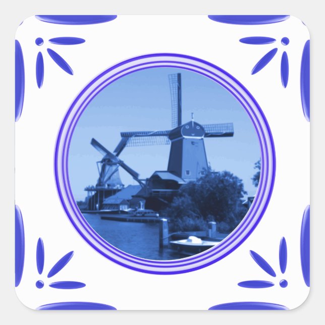 Adesivo Quadrado Holland Windmills Delft-Blue-Azulejo-Look Impresso (Frente)