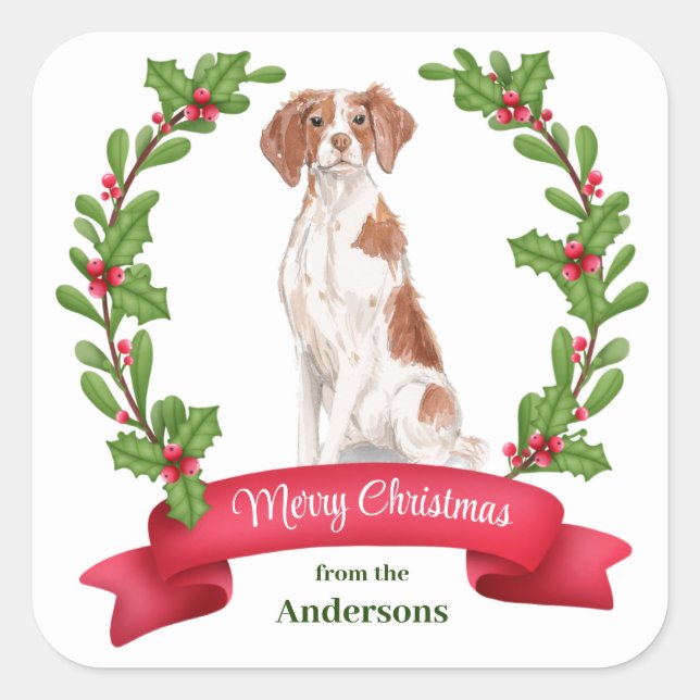 Adesivo Quadrado Holly Banner Brittany Dog Natal (Frente)