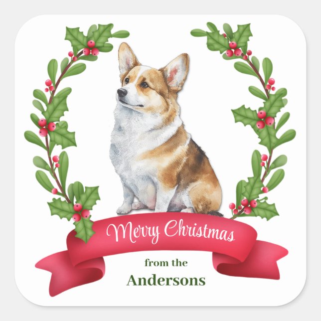Adesivo Quadrado Holly Banner Corgi Dog Christmas Square Sticker (Frente)