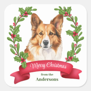 Adesivo Quadrado Holly Banner Corgi Dog Retrato Natal